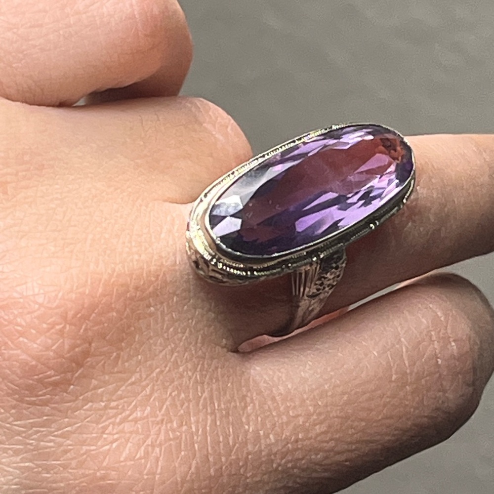 ANTIQUE 18K WHITE GOLD FILIGREE RING with FINE NATURAL AMETHYST,ART DECO,1920's - Picture 1 of 9